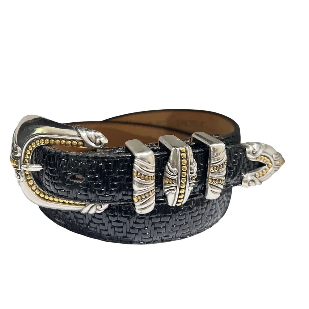 Vintage 1998 Brighton Black Woven Leather Western Ranger Belt Mixed Metal USA M